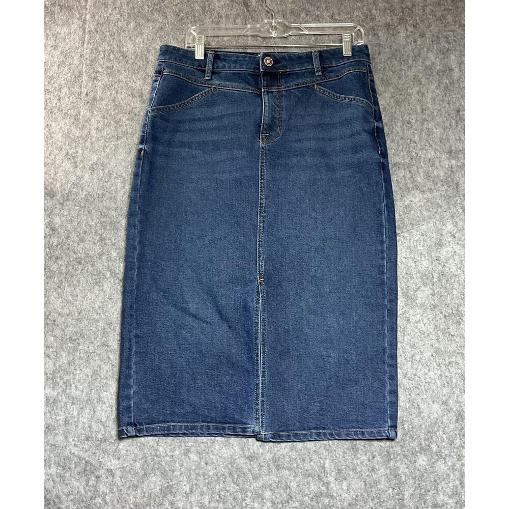 Edited X Hunter McGrady Skirt Womens 12 Blue Denim Pencil Midi Pockets Stretch